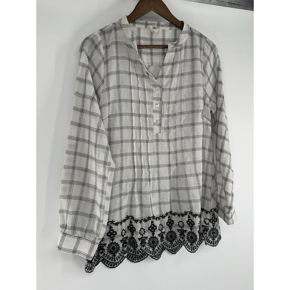 White black Roll Tab Sleeve Shirt Embroidered Stripe Plaid‎ Cotton sheer cottage